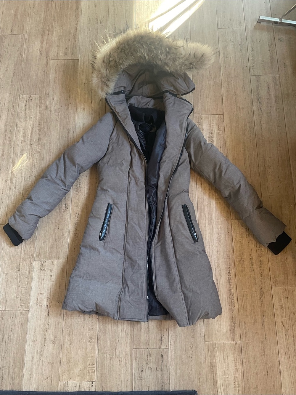 Mackage Taupe Long Hooded Puffer Coat with Faux Fur Trim